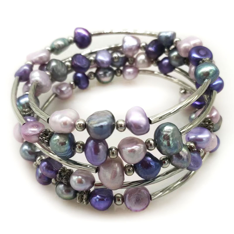 Memory Wire Bracelet - Pulseira de Pérolas Barrocas Naturais Roxas